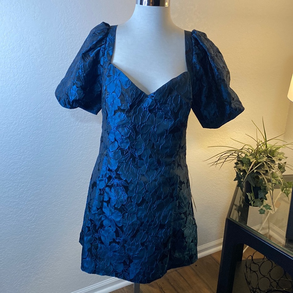 Teal Textured Puff-Sleeve Mini Dress